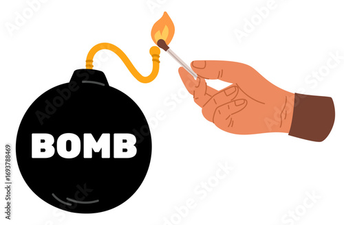 Hand with burning match ignites wick of round bomb. Dynamite explosion. TNT detonation. Fuse rope. Bomber arm. Terrorist military attack. Vector concept of dangerous explosive situation