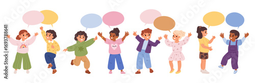 Fun boys and girls talk to each other using speech bubbles. Children group communication. Friends talk. Classmates conversation. Happy little speakers. People dialogue. Vector concept