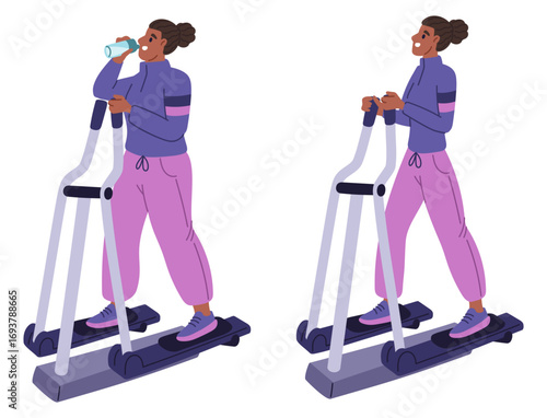 Fat and skinny woman exercising on gym machine. Fitness for weight loss. Sport physical training. Aerobic workout with simulators. Female slimming. Obese and slim girl. Vector concept