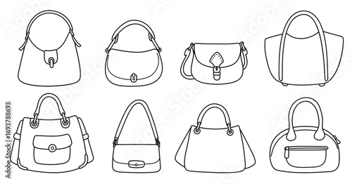 Fashionable women bags. Trendy accessories. Modern shopper. Casual crossbody. Line pouch. Outline elegant female clothing. Vector set of linear silhouettes isolated on white background