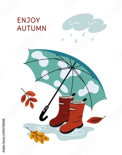 Cozy autumn card. Walk on puddles. Fall season enjoy. Rainy weather outdoor stroll in park. Umbrella and rubber boots. Comfortable waterproof shoes. Sky clouds. Vector autumnal poster