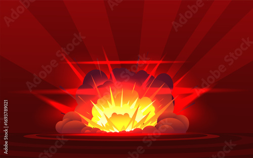 Big bang of atomic bomb. Huge bright explosion of projectile with release of light. Energy detonation epicenter. Explosive destruction. Fire blaze and smoke. Vector comic background