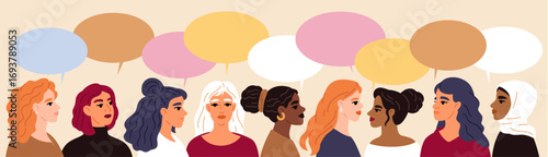 Beautiful multicultural women with speech bubbles. People multiethnic communication. Global connection. Female community discussion. Multilingual speakers group. Vector horizontal poster