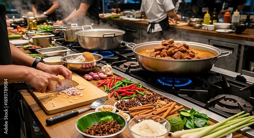Food preparation of beef rendang with turmeric ginger and garlic