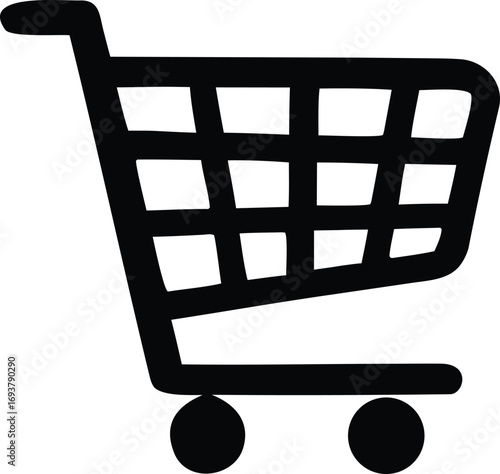 Simple black shopping cart icon with wheels for online stores and retail websites e-commerce symbol