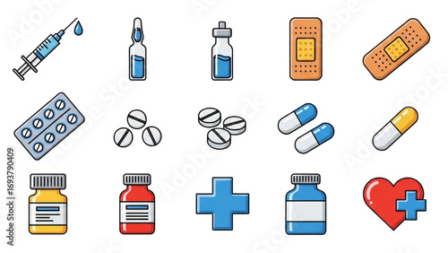 Medical Emoji Vector Set | Healthcare Icons of Syringe, Pills, Capsules, Bottles and Plaster