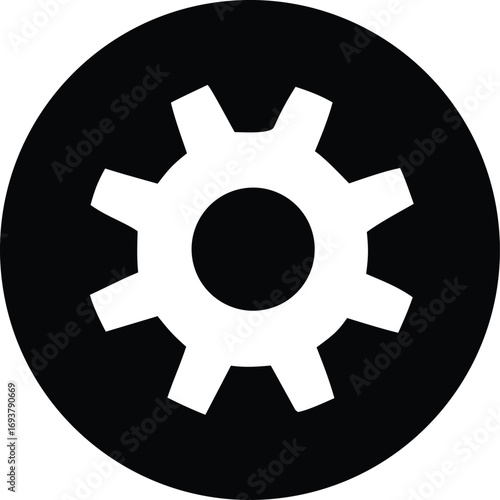 Clean white gear icon inside a black circle simple machine part symbol for settings or configuration options web design