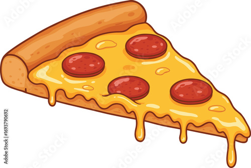 Cartoon pepperoni pizza slice with melted cheese, delicious fast food vector illustration, cheesy pizza art, junk food, snack concept