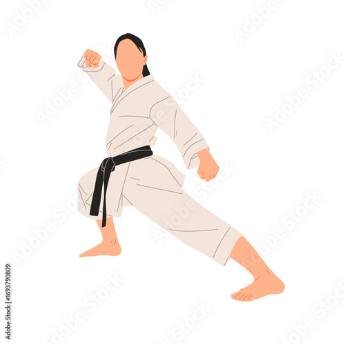Vector illustration of a female karate athlete performing a side kick in martial arts uniform with black belt. Ideal for combat sports, self-defense, and martial arts design.
