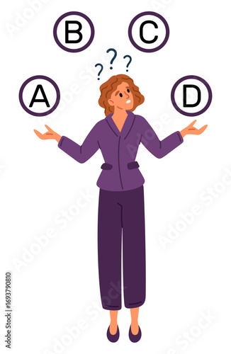 Woman chooses between plan options. Business way direction choice. Female selecting strategy. Confused girl thinking about dilemma. Thoughtful person searching solution. Vector concept