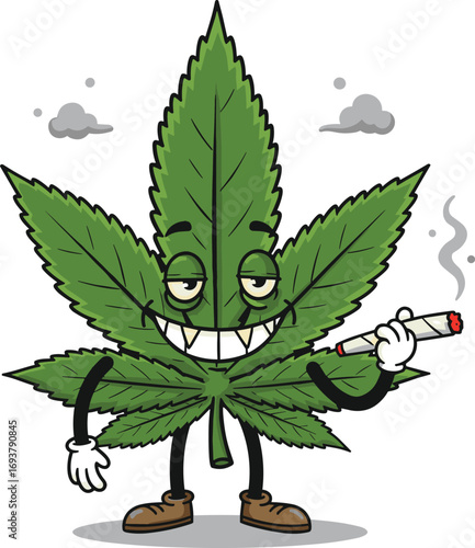 Funny cartoon marijuana leaf character smoking joint, cannabis mascot with red eyes, weed humor illustration, stoner art with smoke