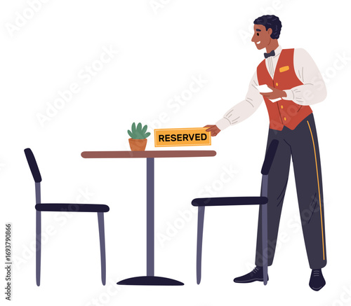 Waiter puts sign reserved for table in restaurant. Reserving seat in establishment. Preorder in cafe. Waitress serving dining desk for reservation. Hospitality service. Vector concept