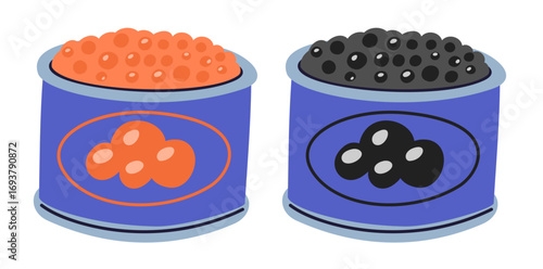 Two open metal canning jars with black and red caviar. Expensive snack. Sturgeon or salmon roe. Salted seafood. Conserved delicatessen. Gourmet food. Preserved fish. Vector objects set