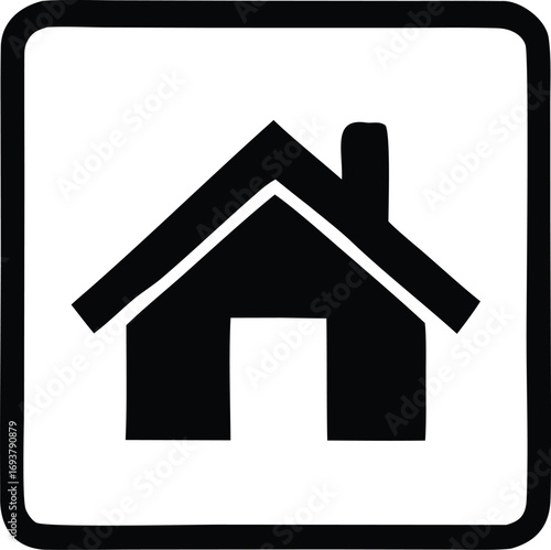 Simple black house icon symbol representing home residence property real estate and shelter on a white square background