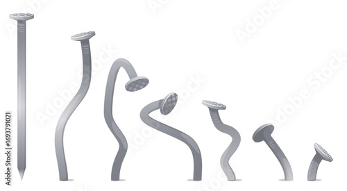 Straight and bent metal nail. Hobnails hammering process steps. Broken pins. Hardware insulated on white background. Industrial tools. Building bolts. Carpentry curved fasteners vector set