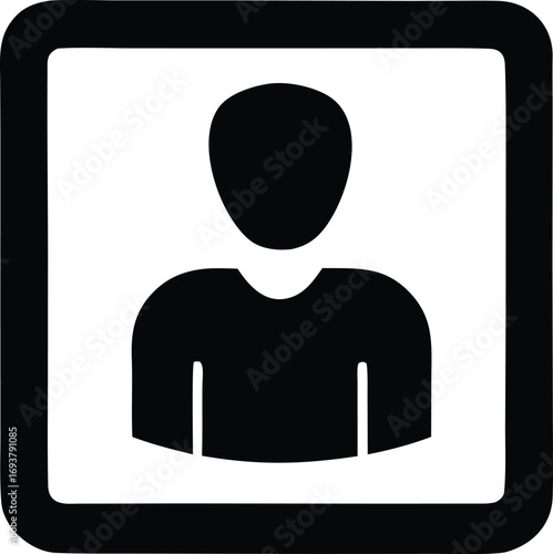 Simple silhouette icon of a person inside a square frame representing user profile account avatar default placeholder image