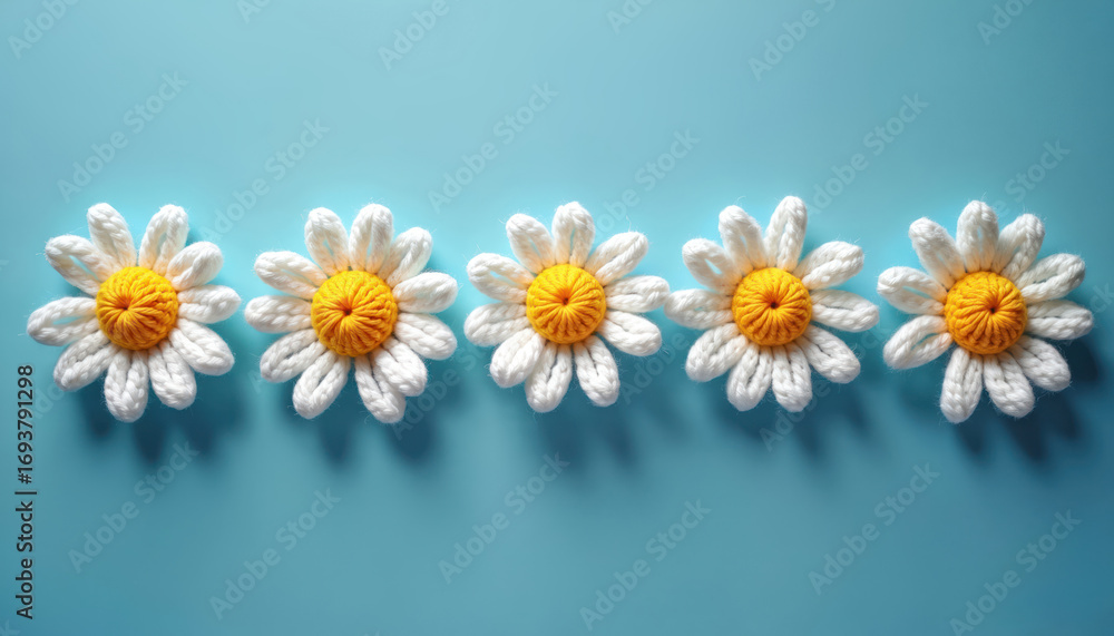 Obraz premium Handmade crochet daisies crafted with white wool, yellow centers on vibrant blue background. Amigurumi-style floral pattern features side lighting, creating charming, textured look perfect for