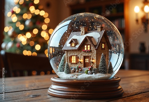 Christmas house in snow globe on a wooden table