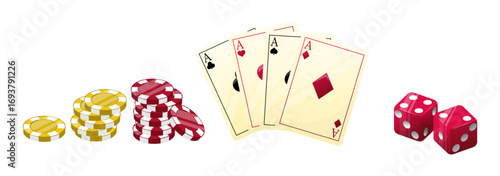Playing card suits. Casino chips. Poker ace. Vegas casino gamble. Dice cube. Betting jackpot tokens. Gaming spade. Fortune game deck. Roulette wager coin. Vector isolated gambling set