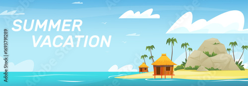 Picturesque tropical island in ocean. Summer vacation. Sandy beach with bungalow hut. Scenic Caribbean seascape. Ocean coast nature. Paradise lagoon scenery. Vector horizontal banner