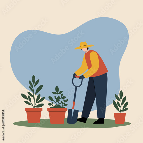 A person in a hat and gloves actively shoveling soil next to potted plants, symbolizing gardening, nature care, and growth. Ideal for lifestyle and sustainable living concepts.