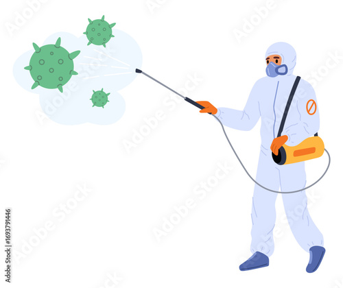 Man in special protective suit fights germs. Disinfecting against bacteria. Specialist spraying antibacterial sanitizer chemicals. Pathogens and viruses extermination. Vector concept