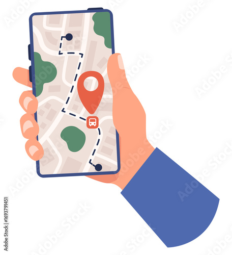 Man holds smartphone in hand and tracks delivery of goods using mobile app. GPS navigation technology. Location pin at roadmap. Courier traffic geotag. Shipping route. Vector concept
