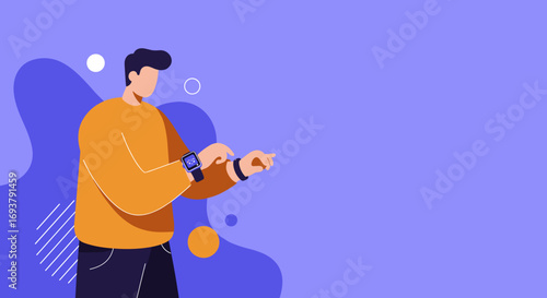 Modern man using a smartwatch and fitness tracker, pointing forward on a purple background. Represents digital lifestyle, health, technology, and tracking data.