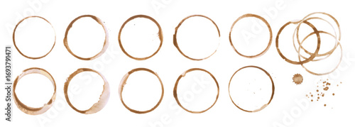 Coffee cup or tea stain drink ring vector illustration set isolated on white background. Coffee stain mark trace ring cup spot trace. Brown round splashes of drink collection.