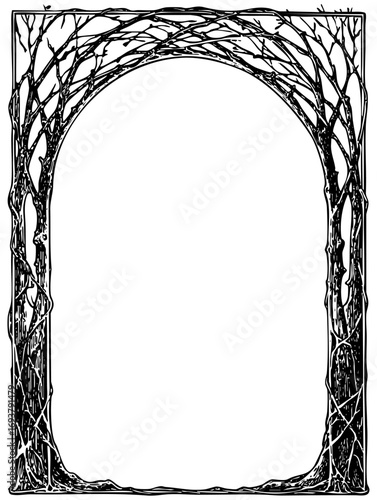 Detailed black and white vector frame design with intertwining tree branches forming an ornate border, ideal for invitations, posters, or vintage projects.