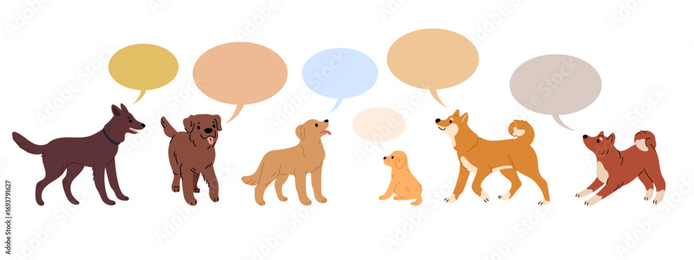 Obraz premium Dogs of different breeds, sizes and ages with speech bubbles. Pets communicate. Domestic animals interaction. Speaking frames. Mammals group talking. Doggy conversation. Vector concept