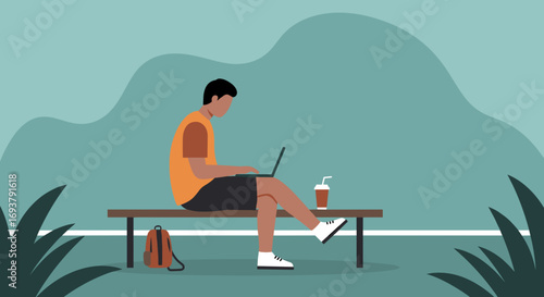 Young man working on a laptop outdoors on a bench, embodying remote work, flexible lifestyle, and modern productivity. Ideal for technology, education, and business concepts.