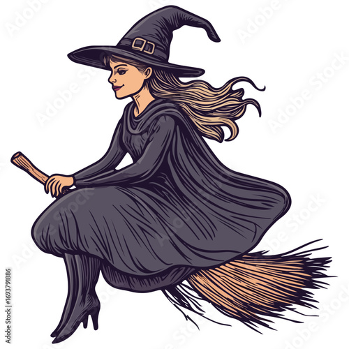 witch, costume, halloween, festival, vector, transparent background, wizard, evil, party, magic, gown, horror, october, witchcraft, witch sitting on a broom, flying