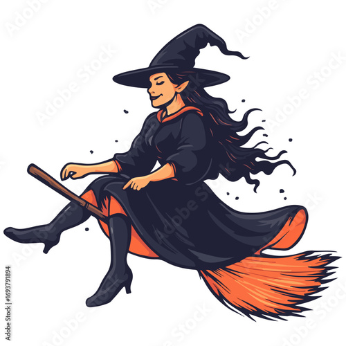 witch, costume, halloween, festival, vector, transparent background, wizard, evil, party, magic, gown, horror, october, witchcraft, witch sitting on a broom, flying