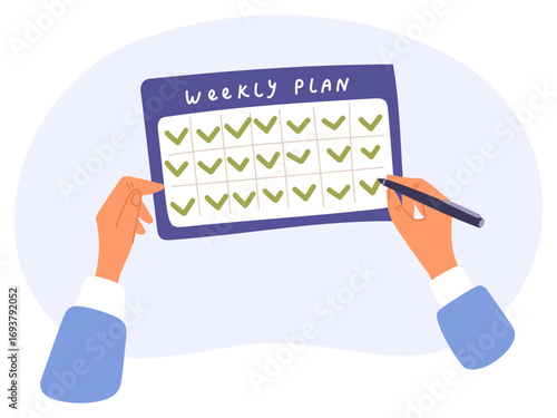 Businessman marks fulfillment of weekly plan in special work calendar view from above. Completed goals. Hands putting checkmark. Reminders schedule. Finished task mark. Vector concept