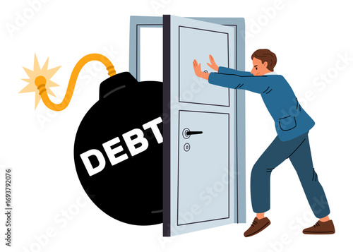 Businessman closes door to keep out debt bomb. Payment deadline. Burden loan. Heavy pressure. Dynamite detonation. Man ignores credit pays. Money obligation at doorway. Vector concept