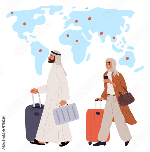 Arab man and woman in national muslim dress traveling with suitcases. Arabian plane passengers. Airline terminal. Saudi man and woman carrying baggage. Tourism location. Vector concept