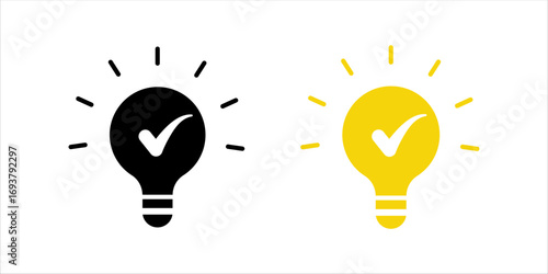 black bulb with checkmark like quick tip icon. flat stroke linear simple trend modern efficiency logotype design element isolated on white. concept of visionary info pictogram or conclusion symbol	
