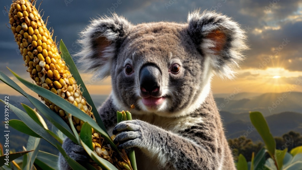 Fototapeta premium Koala holding an ear of corn amidst lush greenery, with mountains and a sunset in the background