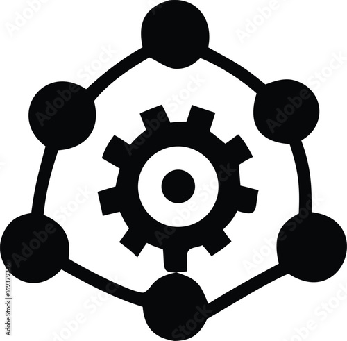 Abstract interconnected network of nodes surrounding a central gear symbol representing technology systems and collaboration in a conceptual design.