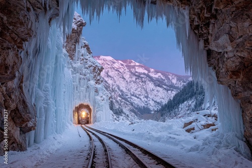 Train emerging from icy tunnel, winter mountains