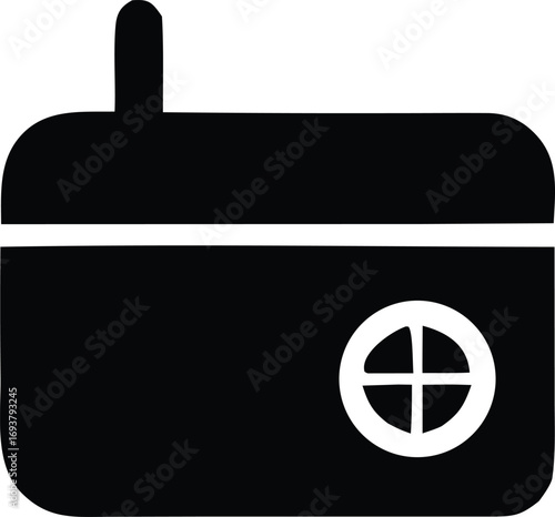 Simple stylized submarine icon silhouette with circular porthole and chimney