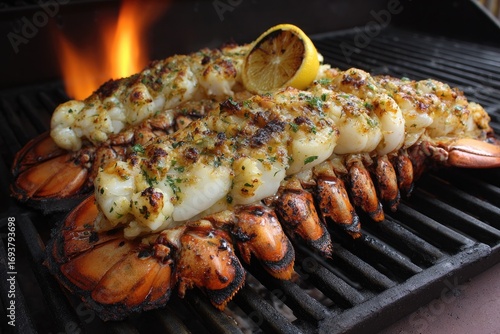 Grilled lobster tail with garlic butter topping and lemon