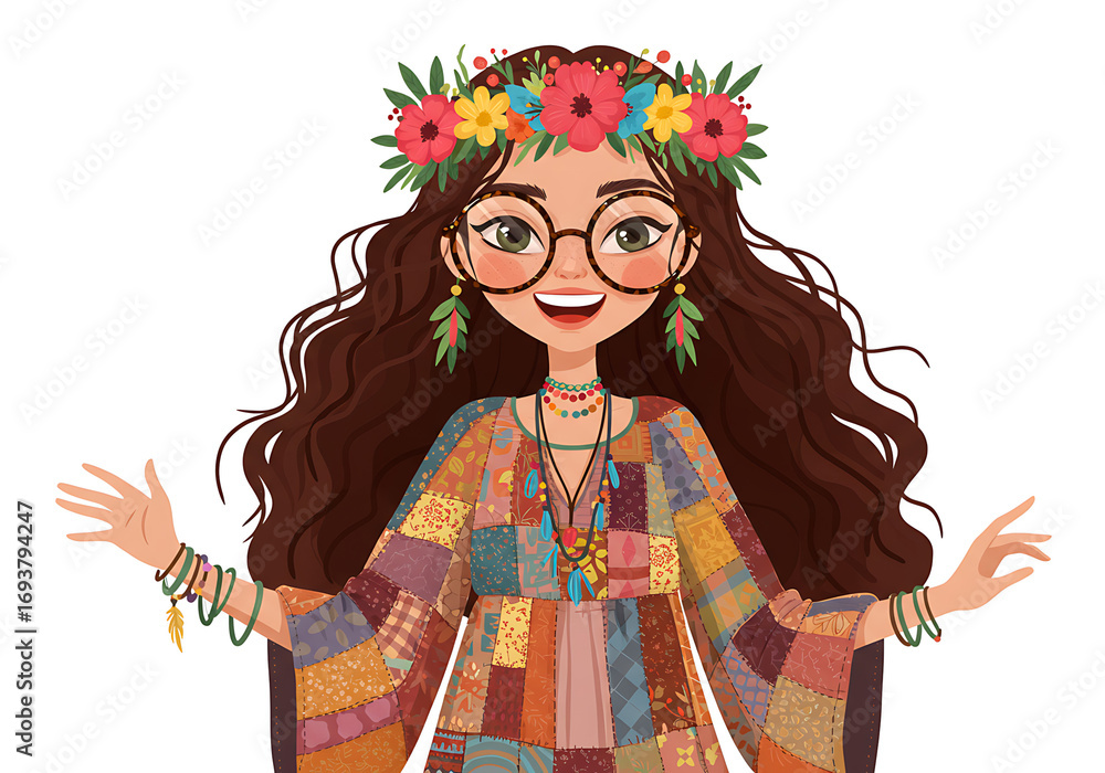 Fototapeta premium Hippie Girl with Flower Headband and Patchwork Dress