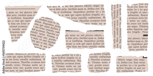 Collage newspaper ripped elements. Trendy retro vintage paper cut, rip torn, notebook sheet. Old gazette news sheet set for scrapbook. Isolated vector illustration on transparent background.