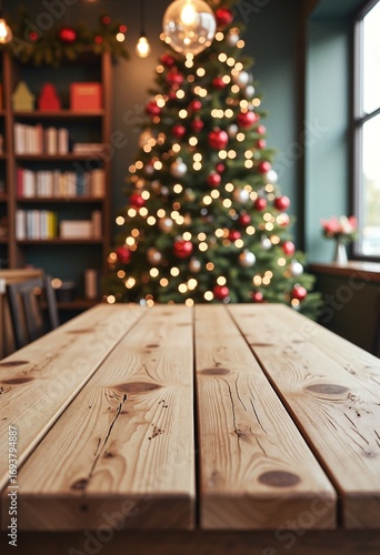 Empty wooden table with christmas theme in background