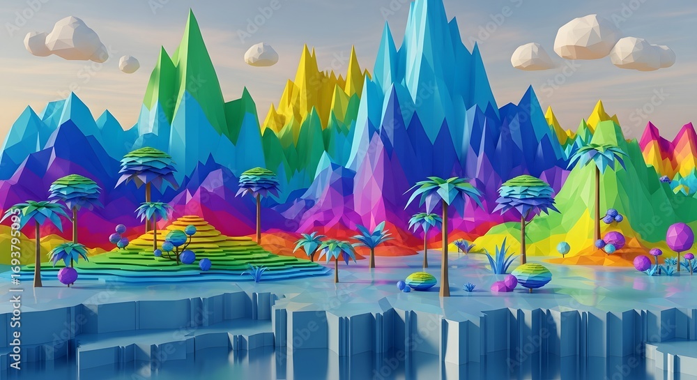 Obraz premium Abstract painting and contemporary art. Creative expression and artistic inspiration. A colorful and psychedelic mountain landscape.