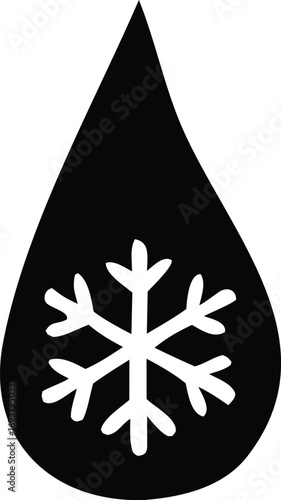 Black teardrop shape with a white snowflake emblem inside symbolizing cold water frozen precipitation or winter hydration for design