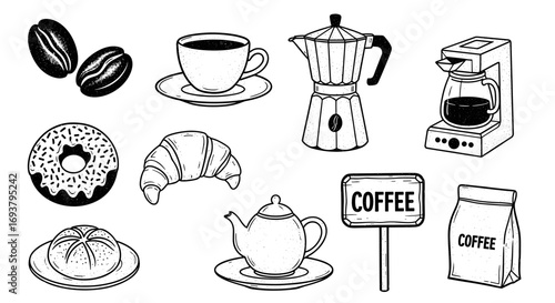Illustration of coffee beans, pastries, and coffee preparation tools