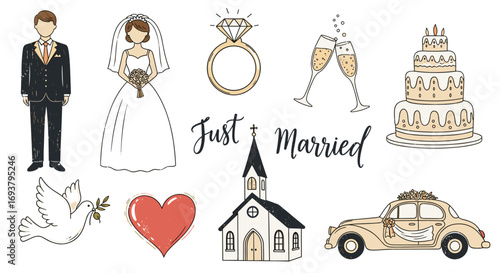 Illustration of wedding elements including bride groom and just married
